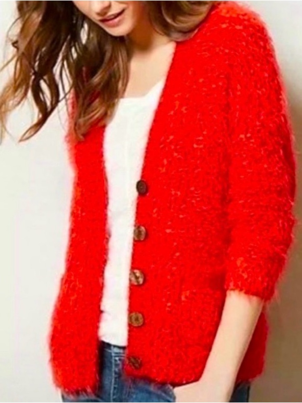Anthropologie MOTH Emile Fuzzy Eyelash Wool Blend Cardigan Red S